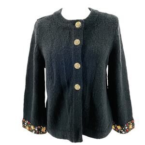 Laura Ashley Black Knit Button Front Embellished Cuffs Cardigan Sweater PL NWT
